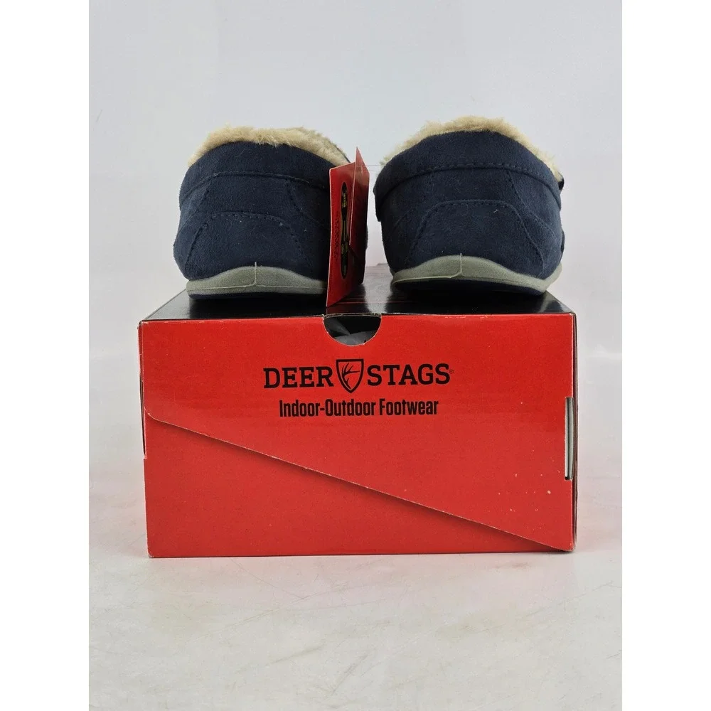 Deer Stags Lil Spun Slipperqz Boys Size 4 Navy Blue Moccasin Slippers - New
